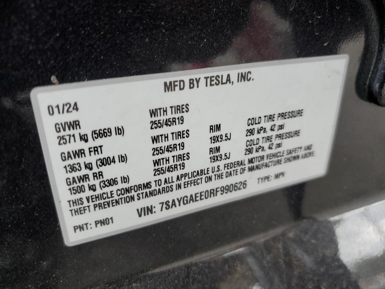 2024 TESLA MODEL Y VIN:7SAYGAEE0RF990626