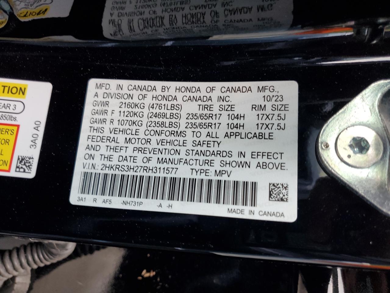2024 HONDA CR-V LX VIN:2HKRS3H27RH311577