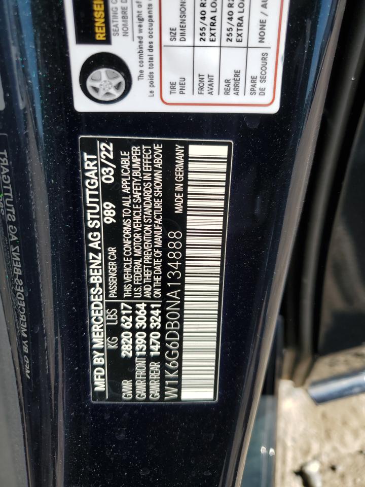 2022 MERCEDES-BENZ S 500 4MATIC VIN:W1K6G6DB0NA134888