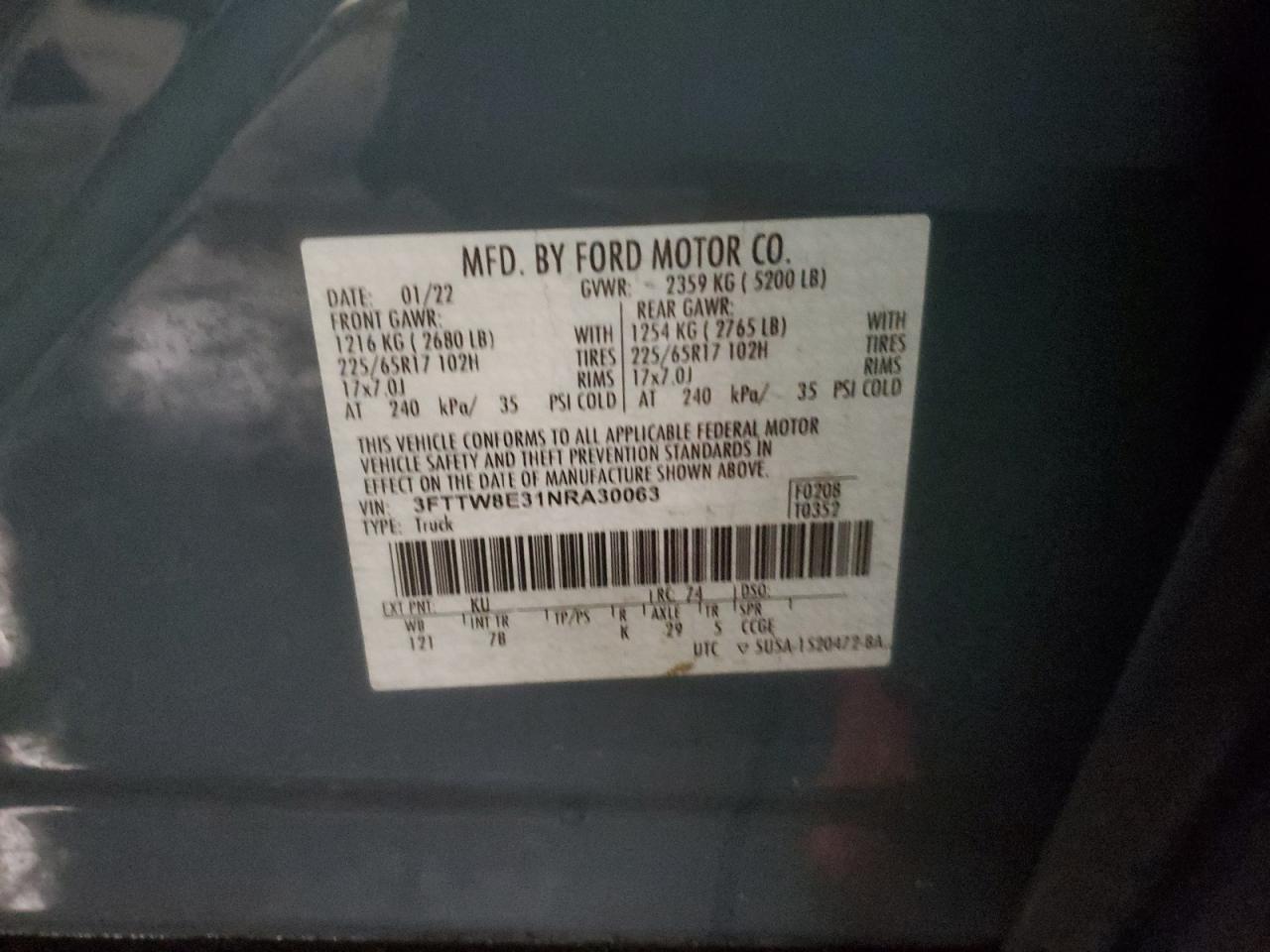 2022 FORD MAVERICK XL VIN:3FTTW8E31NRA30063