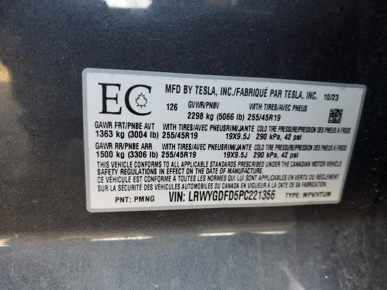 2023 TESLA MODEL Y VIN:LRWYGDFD5PC221356