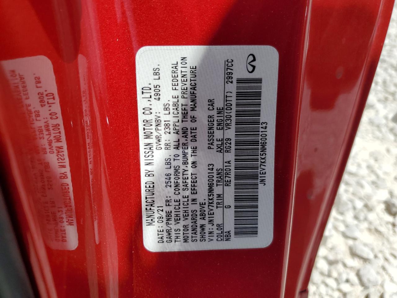 2022 INFINITI Q60 LUXE VIN:JN1EV7KK5NM600143