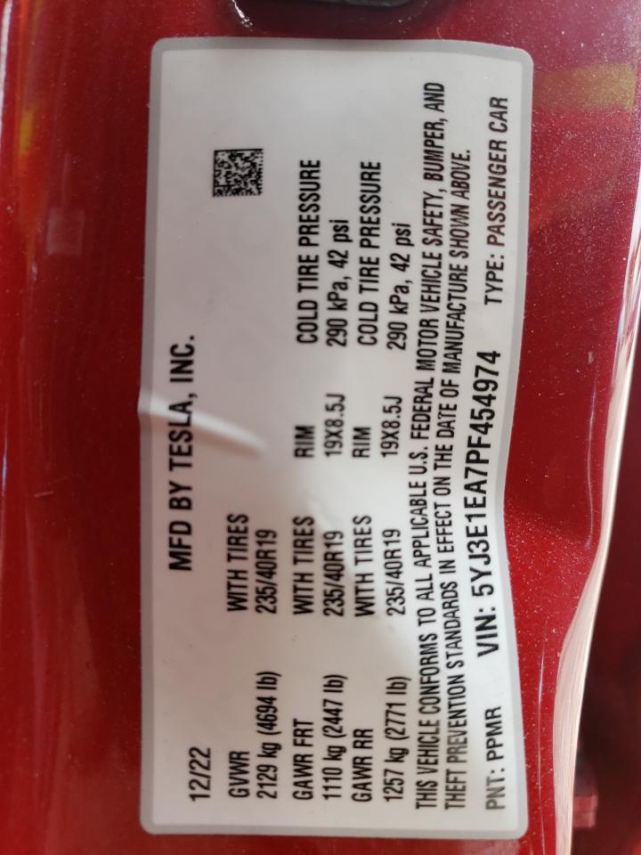 2023 TESLA MODEL 3 VIN:5YJ3E1EA7PF454974