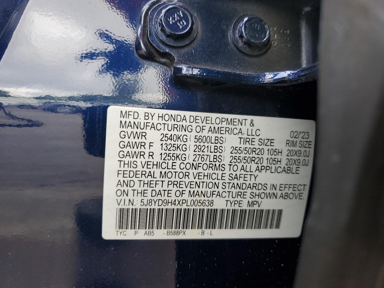 2023 ACURA MDX TECHNOLOGY VIN:5J8YD9H4XPL005638