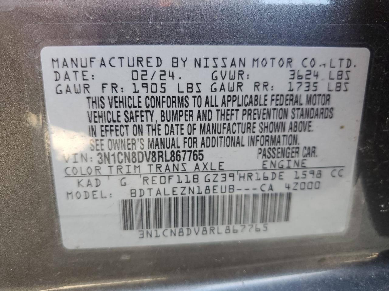 2024 NISSAN VERSA S VIN:3N1CN8DV8RL867765