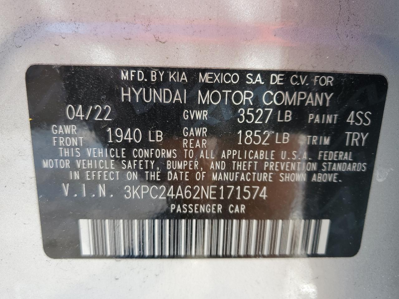2022 HYUNDAI ACCENT SE VIN:3KPC24A62NE171574