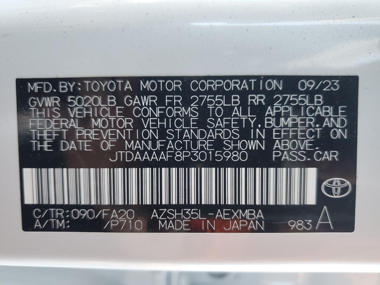 2023 TOYOTA CROWN XLE VIN:JTDAAAAF8P3015980
