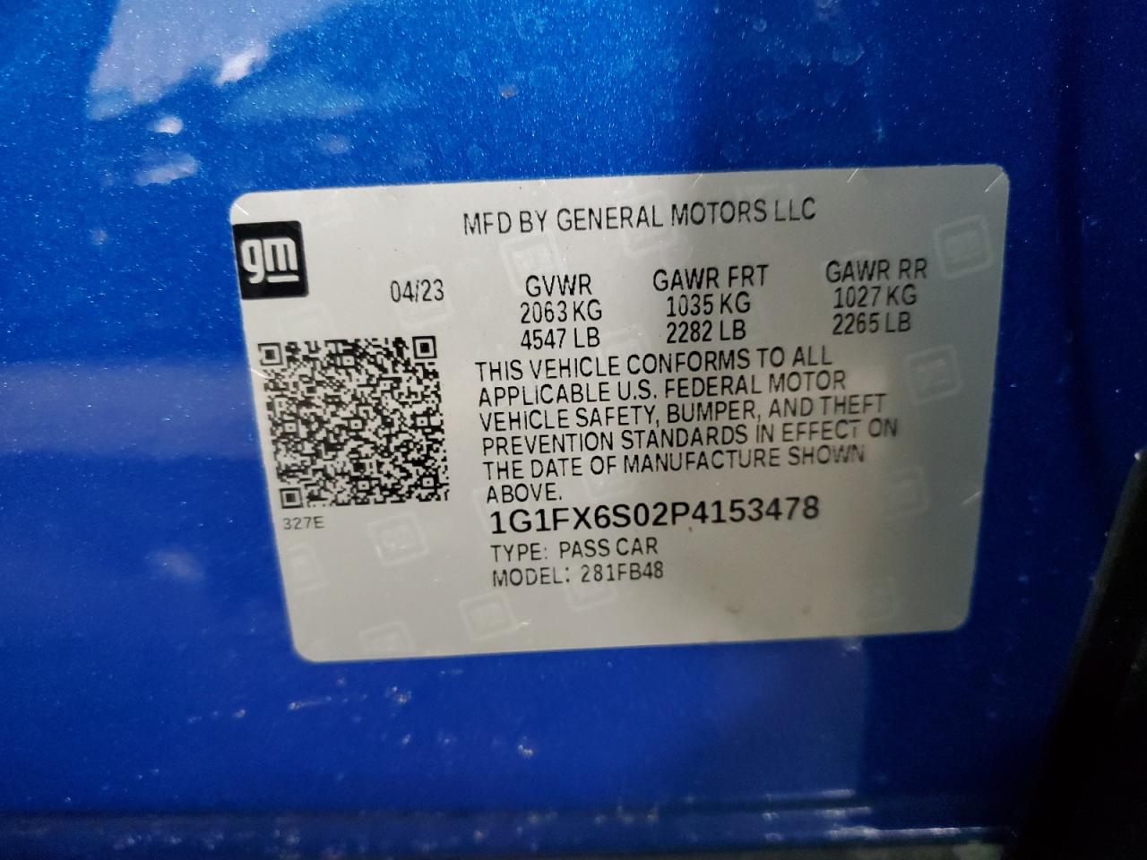 2023 CHEVROLET BOLT EV 2LT VIN:1G1FX6S02P4153478