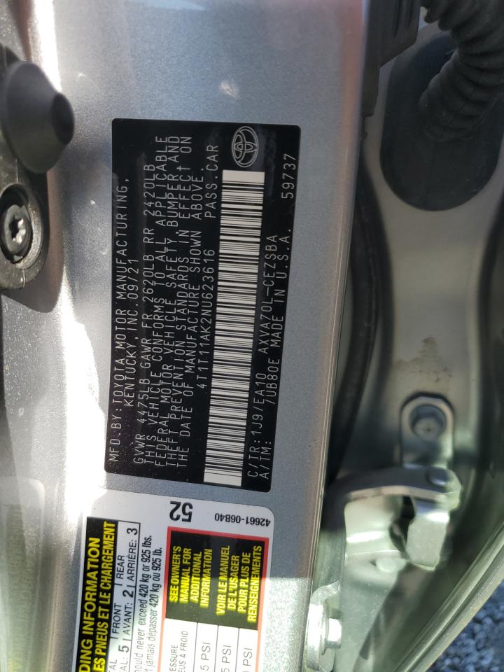 2022 TOYOTA CAMRY SE VIN:4T1T11AK2NU623616