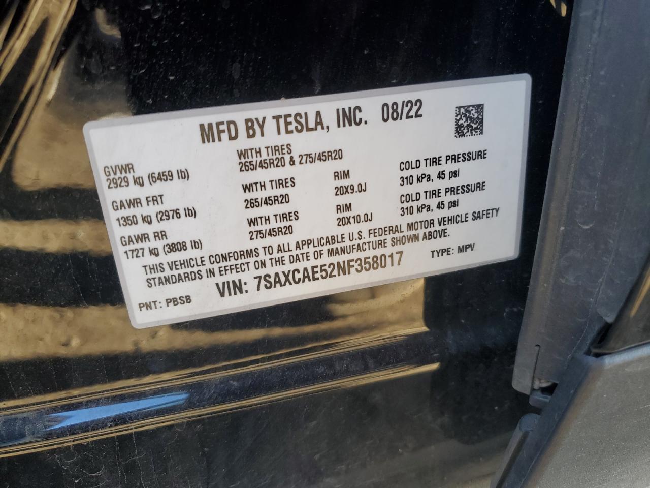 2022 TESLA MODEL X VIN:7SAXCAE52NF358017