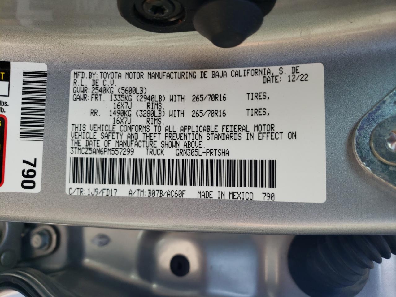 2023 TOYOTA TACOMA DOUBLE CAB VIN:3TMCZ5AN6PM557299