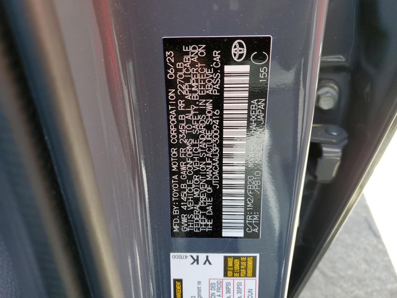2023 TOYOTA PRIUS LE VIN:JTDACAAU3P3009416