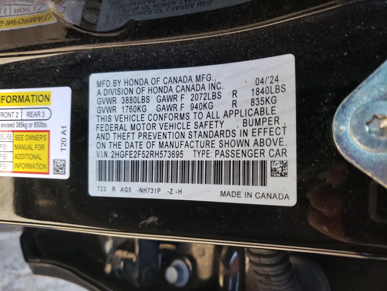 2024 HONDA CIVIC SPORT VIN:2HGFE2F52RH573695