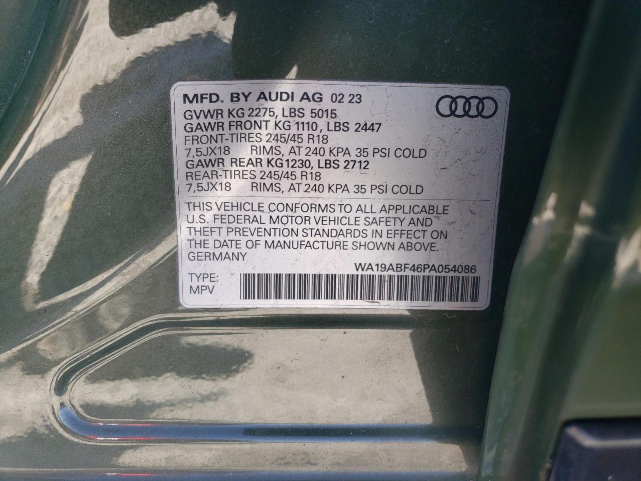 2023 AUDI A4 ALLROAD PRESTIGE VIN:WA19ABF46PA054086