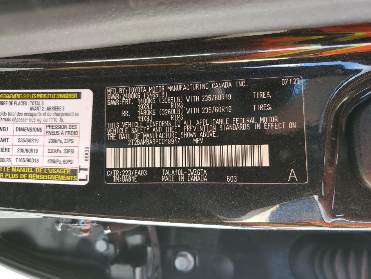 2023 LEXUS RX 350 BASE VIN:2T2BAMBA9PC018947