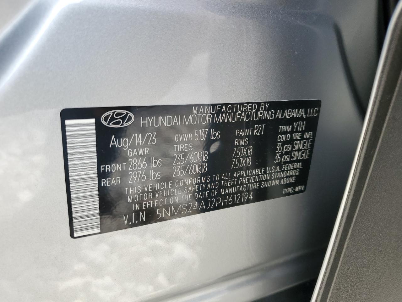 2023 HYUNDAI SANTA FE SEL VIN:5NMS24AJ2PH612194