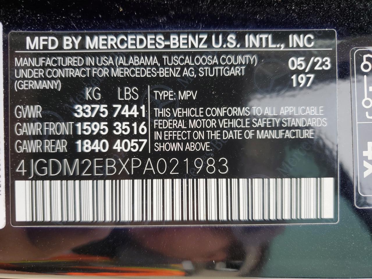 2023 MERCEDES-BENZ EQS SUV 450 4MATIC VIN:4JGDM2EBXPA021983