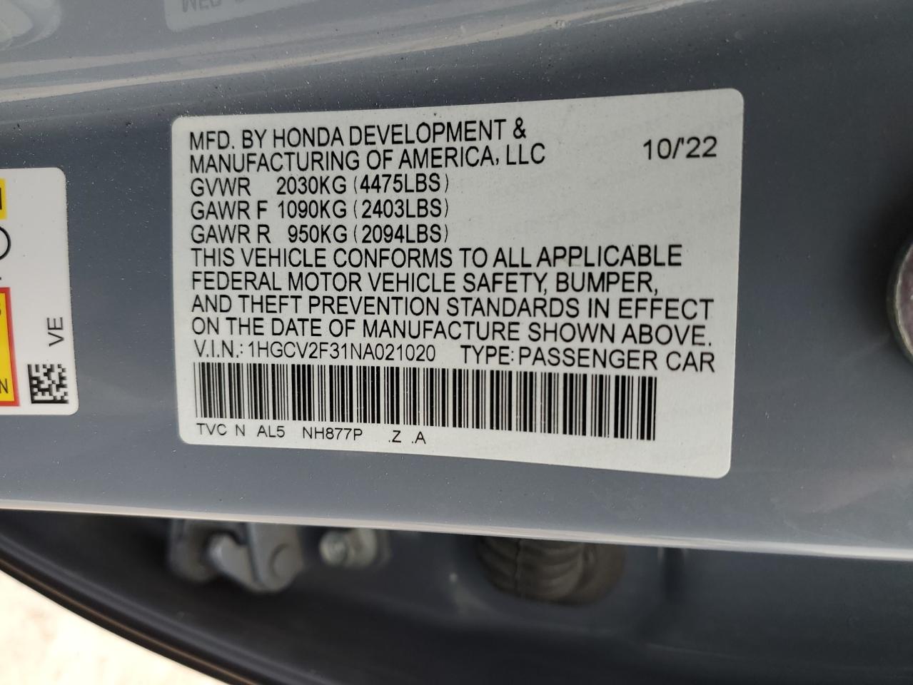 2022 HONDA ACCORD SPORT VIN:1HGCV2F31NA021020
