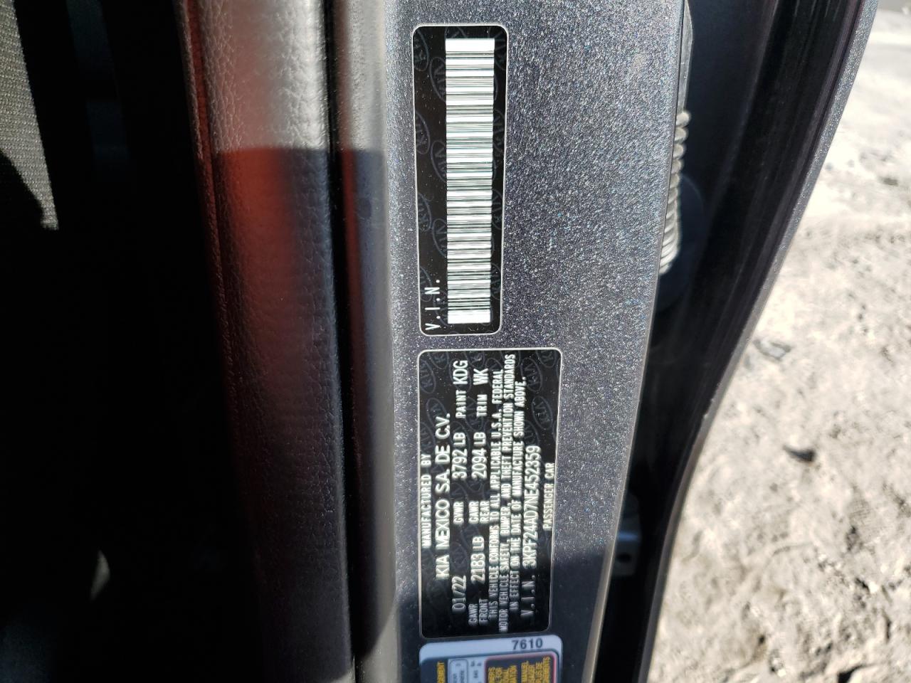 2022 KIA FORTE FE VIN:3KPF24AD7NE452359