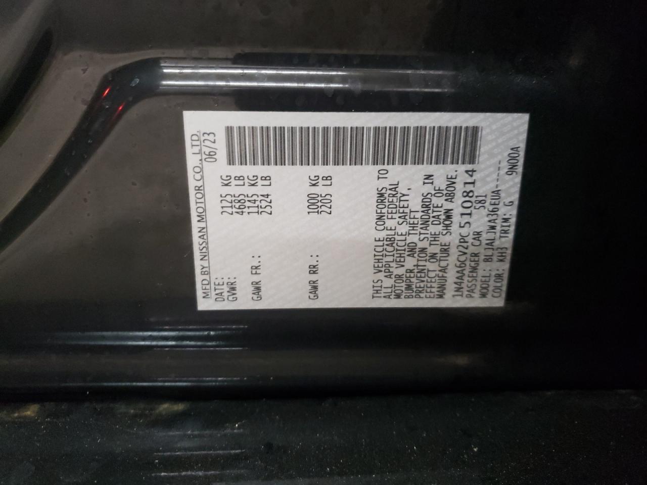 2023 NISSAN MAXIMA SV VIN:1N4AA6CV2PC510814