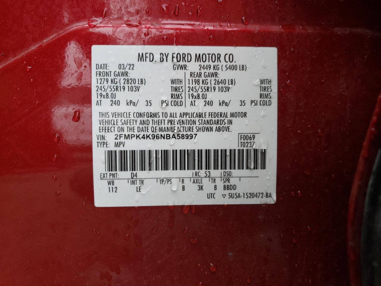 2022 FORD EDGE TITANIUM VIN:2FMPK4K96NBA58997