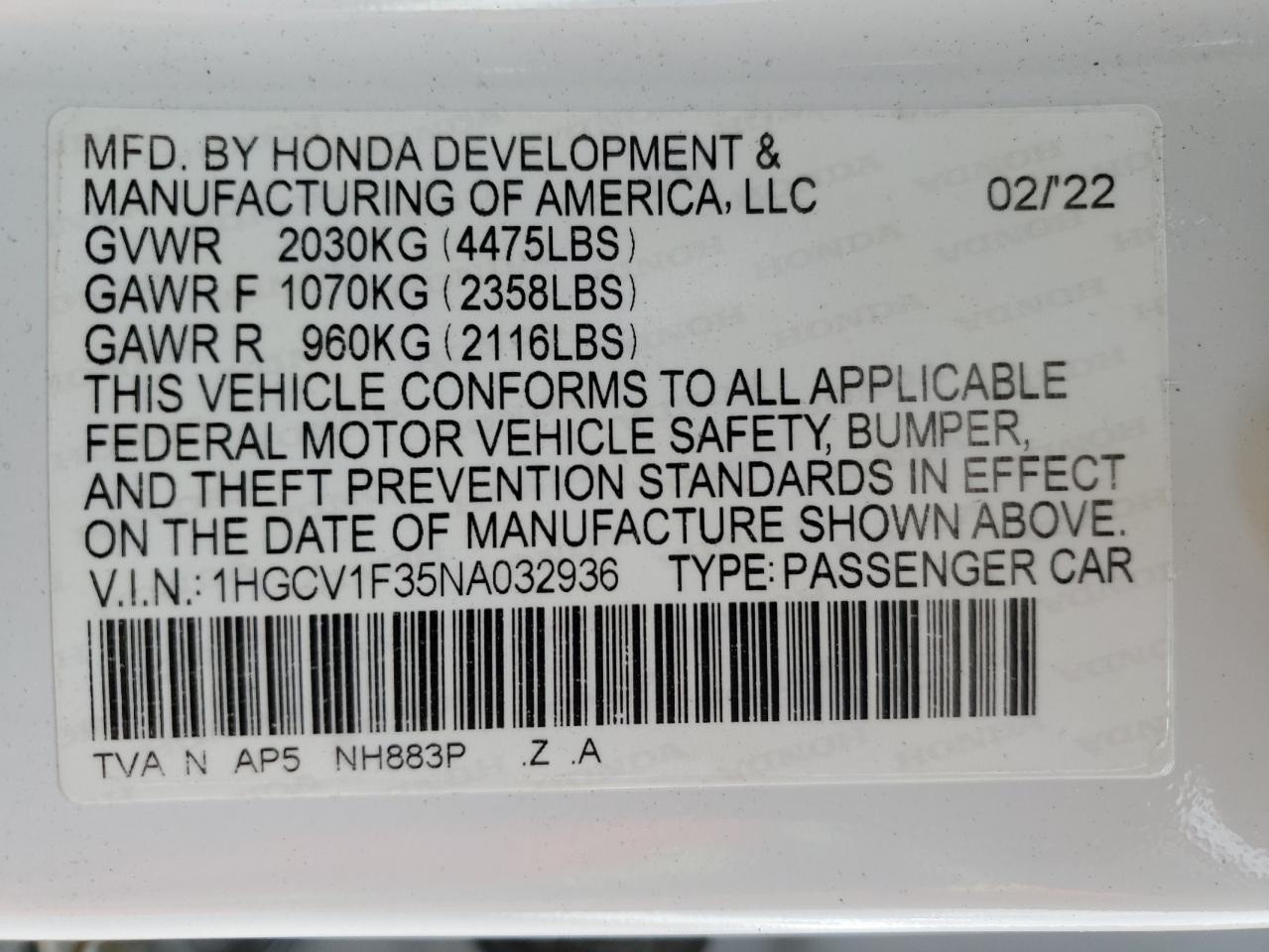 2022 HONDA ACCORD SPORT VIN:1HGCV1F35NA032936