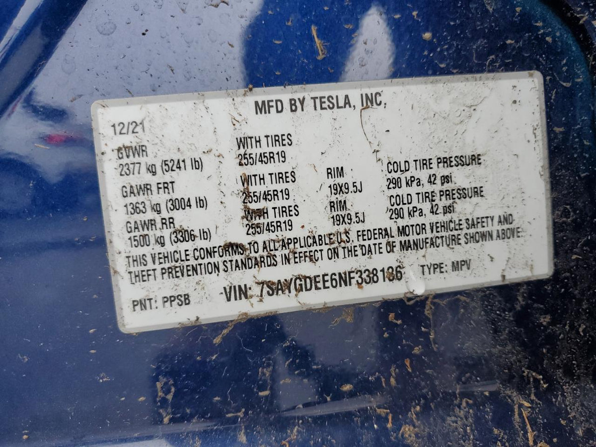 2022 TESLA MODEL Y VIN:7SAYGDEE6NF338136