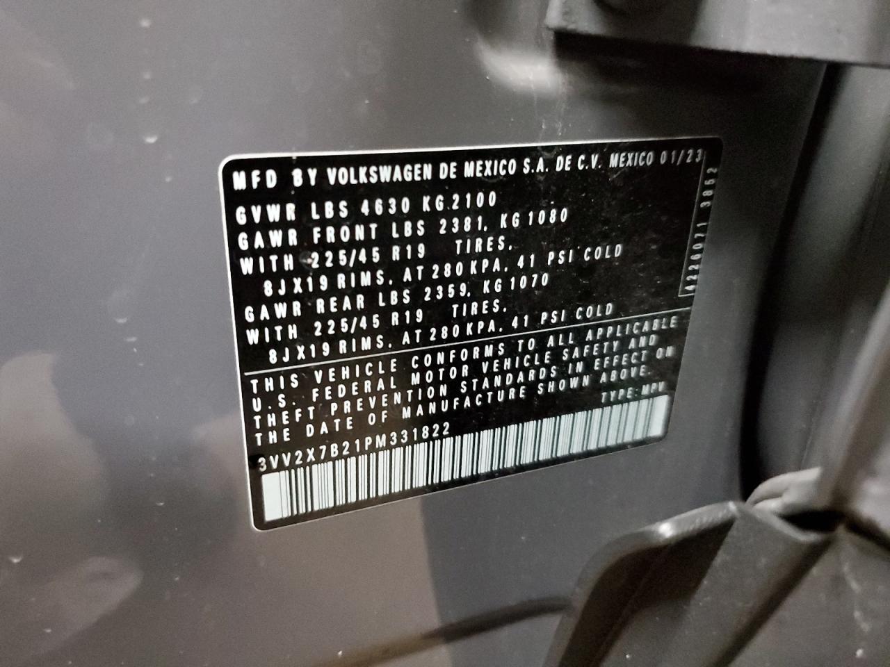 2023 VOLKSWAGEN TAOS SEL VIN:3VV2X7B21PM331822