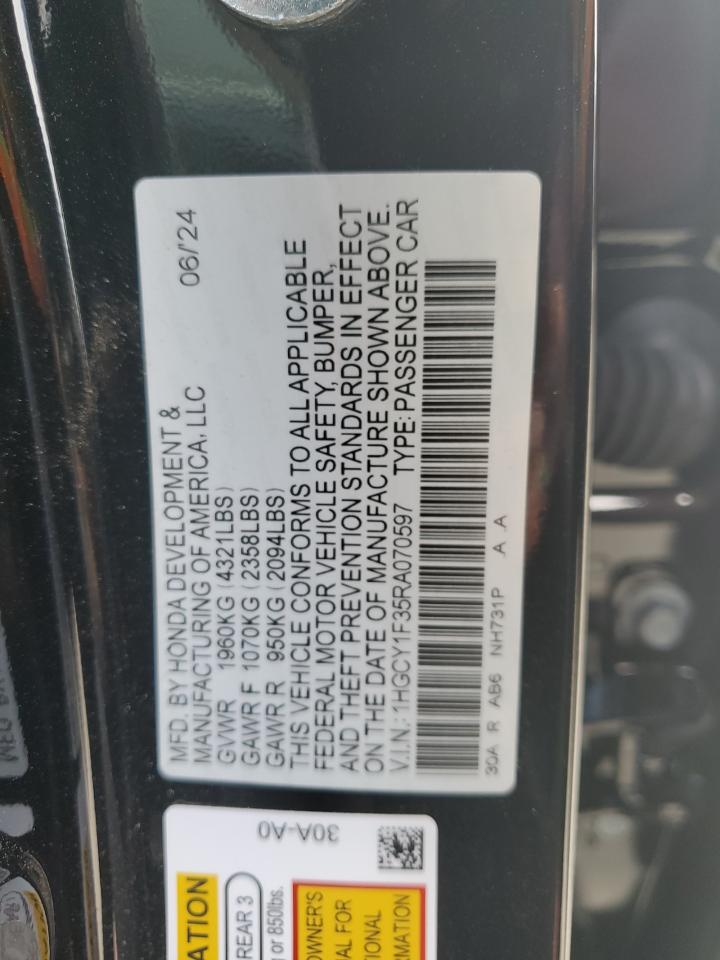 2024 HONDA ACCORD EX VIN:1HGCY1F35RA070597