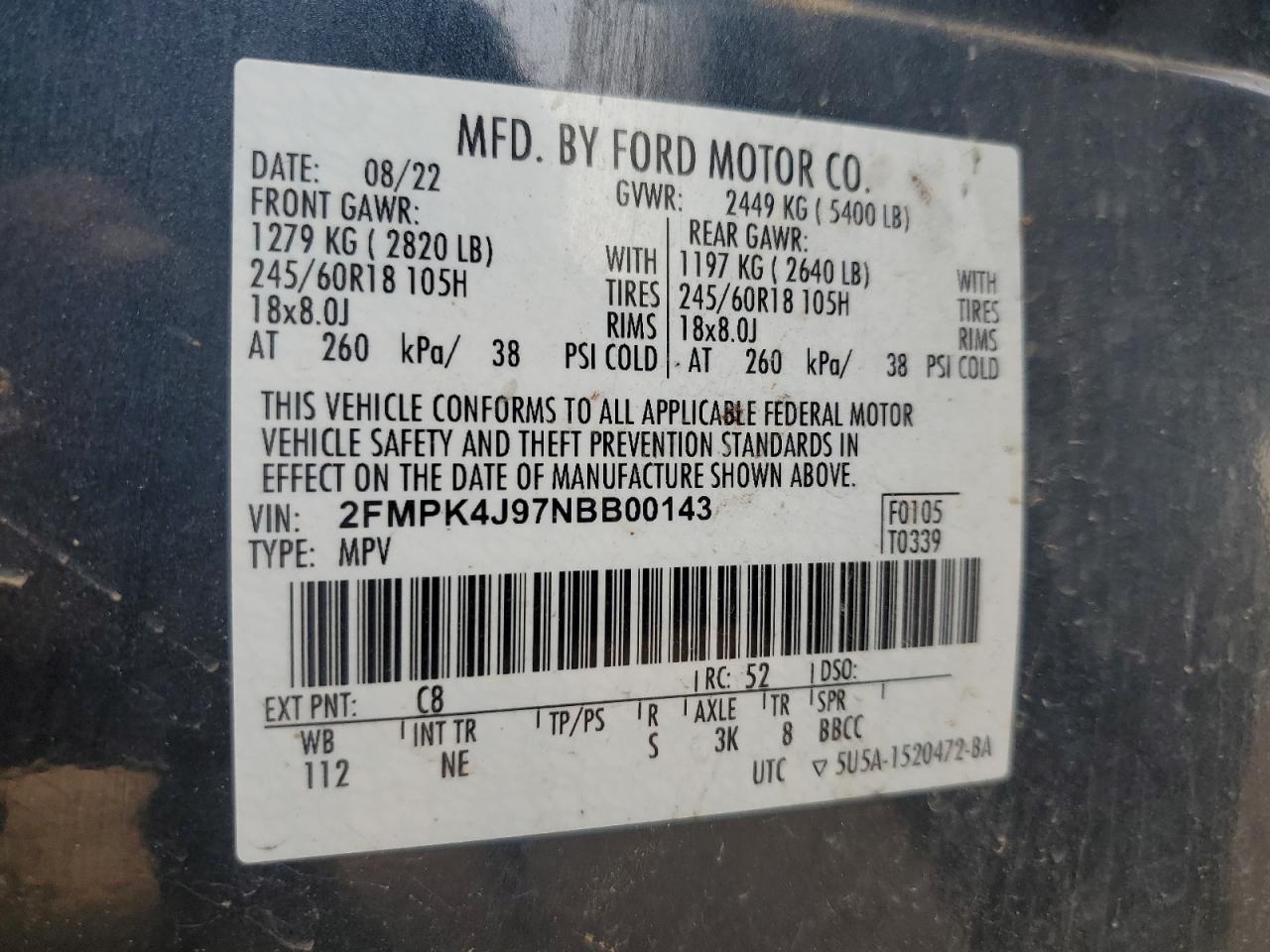 2022 FORD EDGE SEL VIN:2FMPK4J97NBB00143