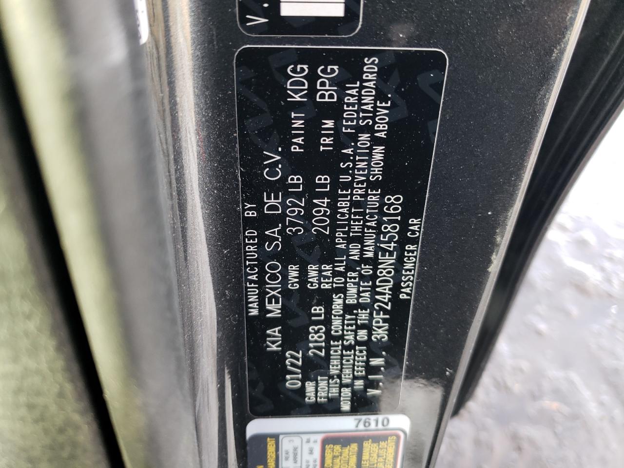 2022 KIA FORTE FE VIN:3KPF24AD8NE458168