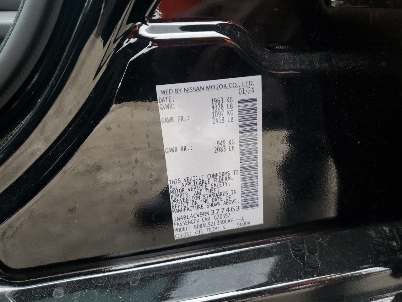 2024 NISSAN ALTIMA SR VIN:1N4BL4CV9RN377463