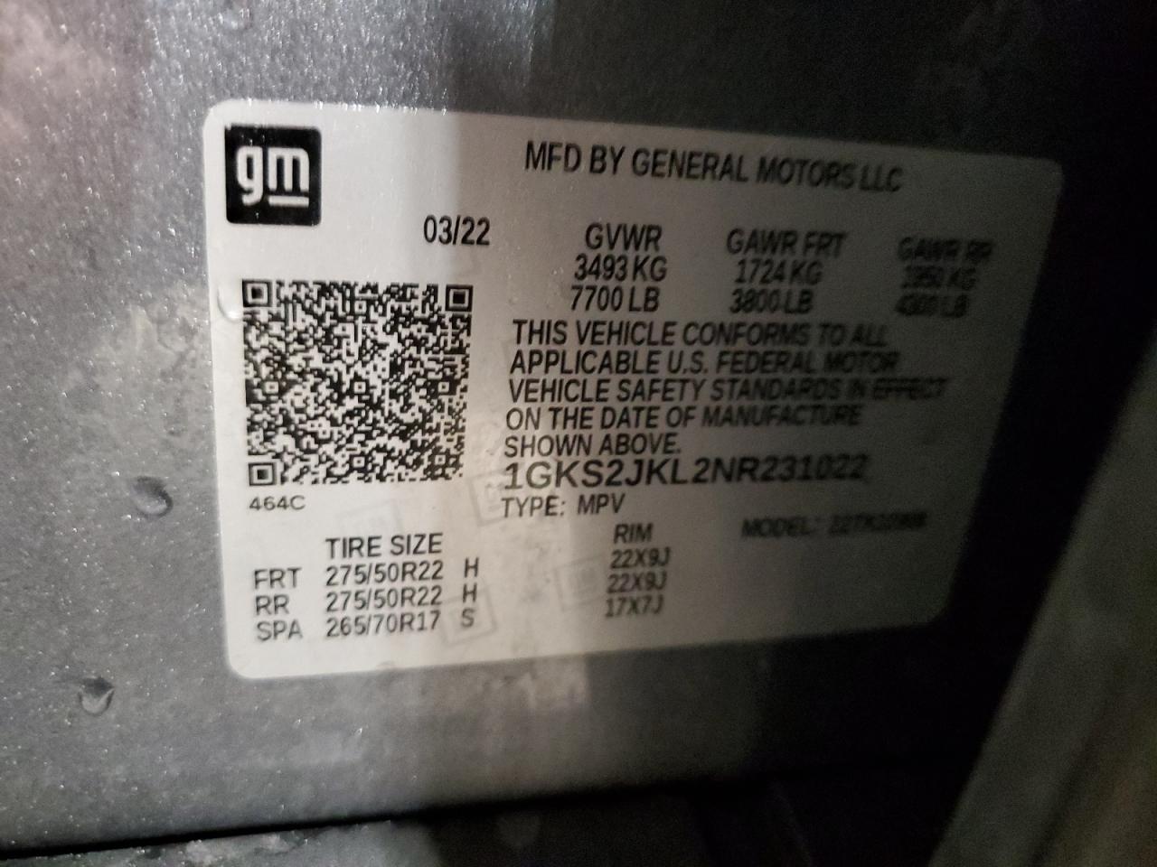 2022 GMC YUKON XL DENALI VIN:1GKS2JKL2NR231022