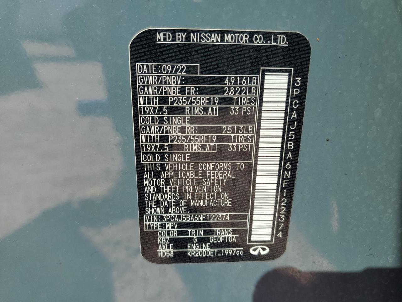 2022 INFINITI QX50 LUXE VIN:3PCAJ5BA6NF122374