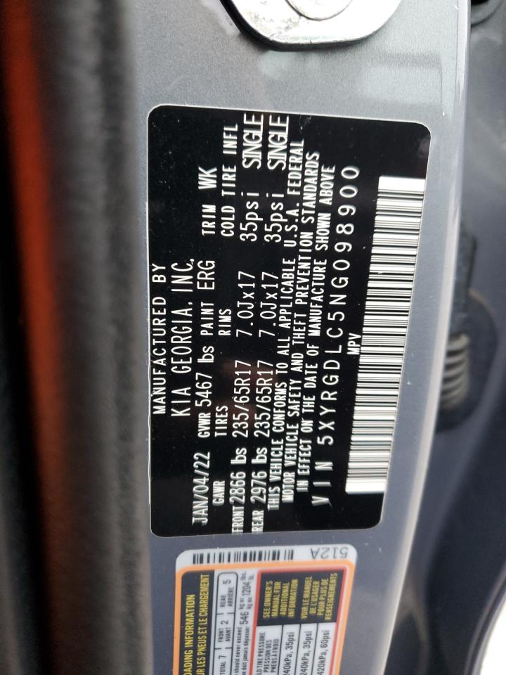2022 KIA SORENTO LX VIN:5XYRGDLC5NG098900