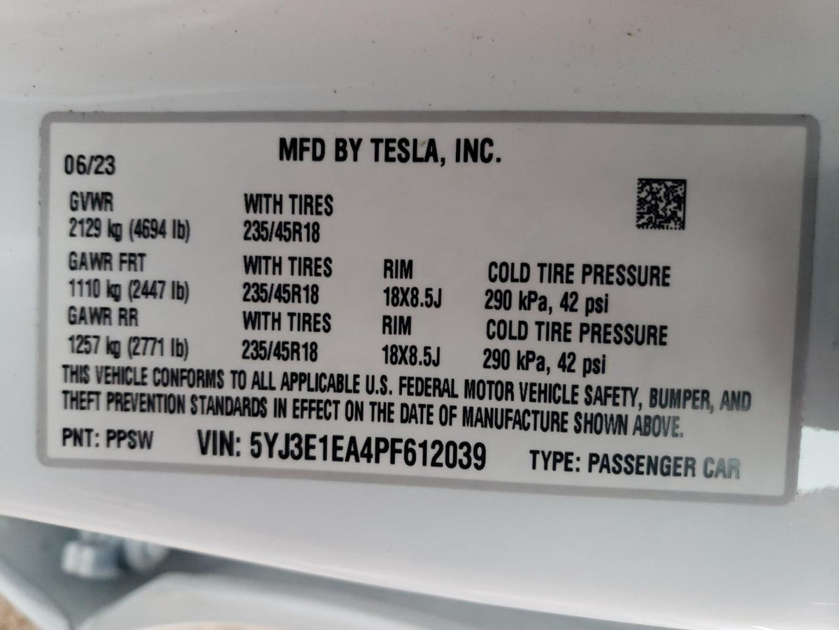 2023 TESLA MODEL 3 VIN:5YJ3E1EA4PF612039