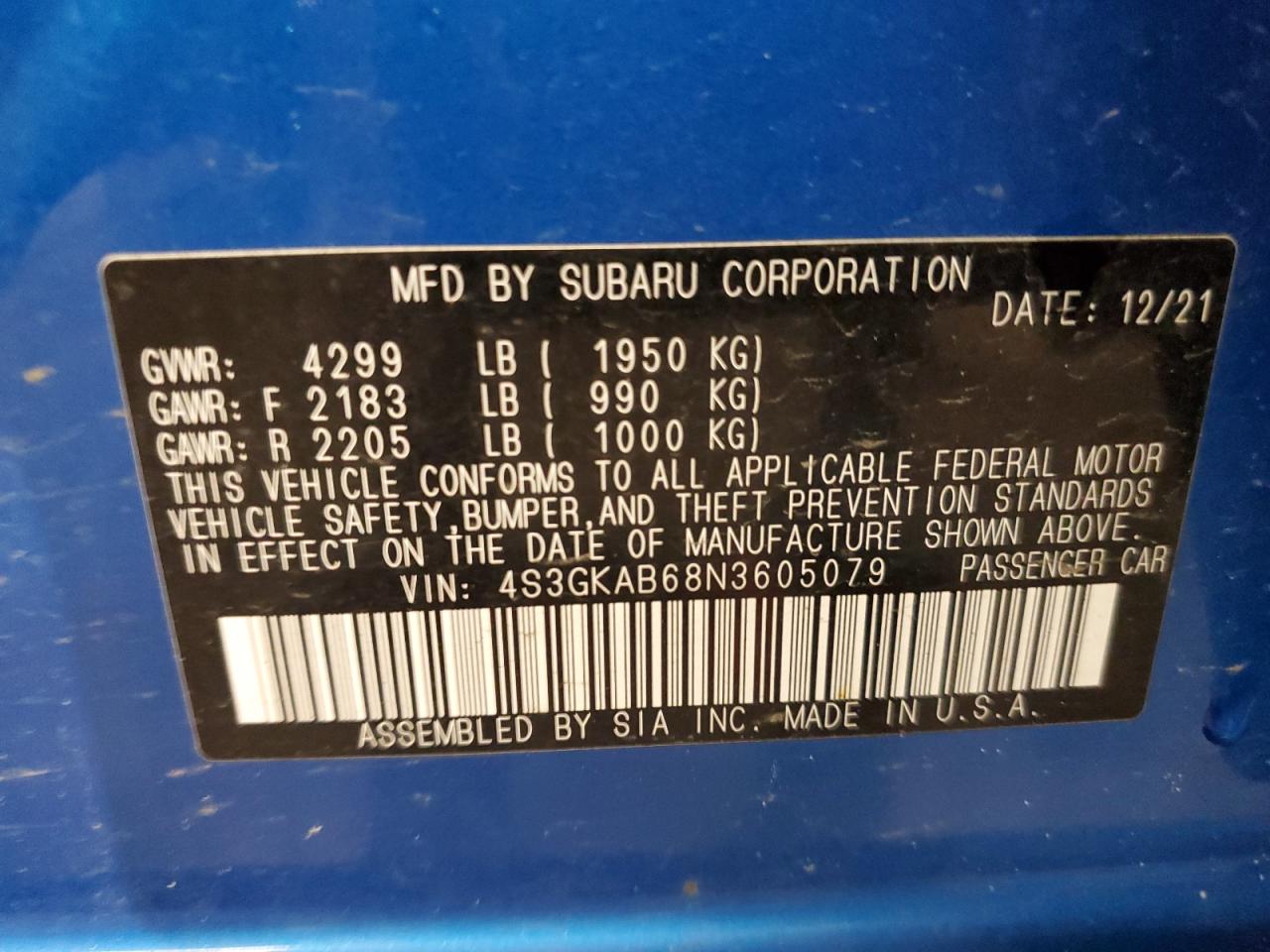 2022 SUBARU IMPREZA VIN:4S3GKAB68N3605079