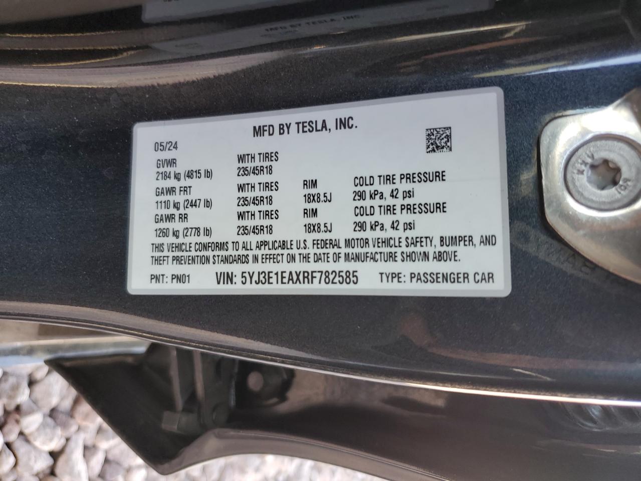 2024 TESLA MODEL 3 VIN:5YJ3E1EAXRF782585