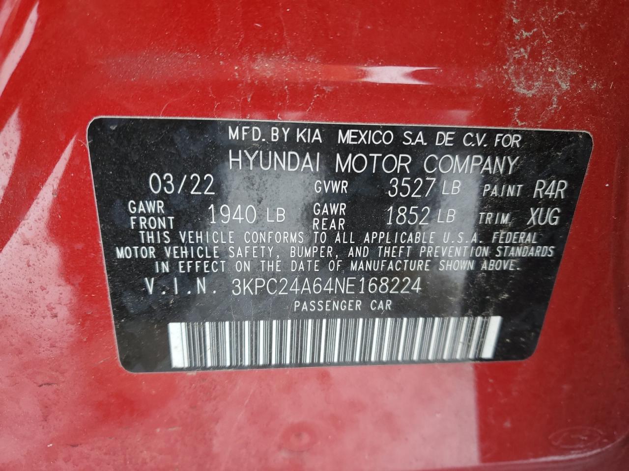 2022 HYUNDAI ACCENT SE VIN:3KPC24A64NE168224