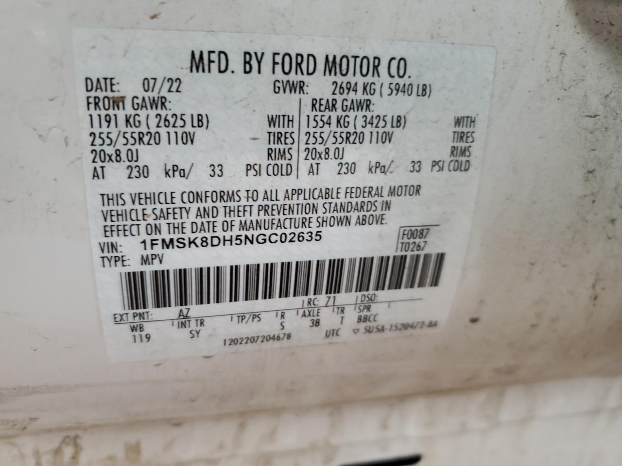 2022 FORD EXPLORER XLT VIN:1FMSK8DH5NGC02635