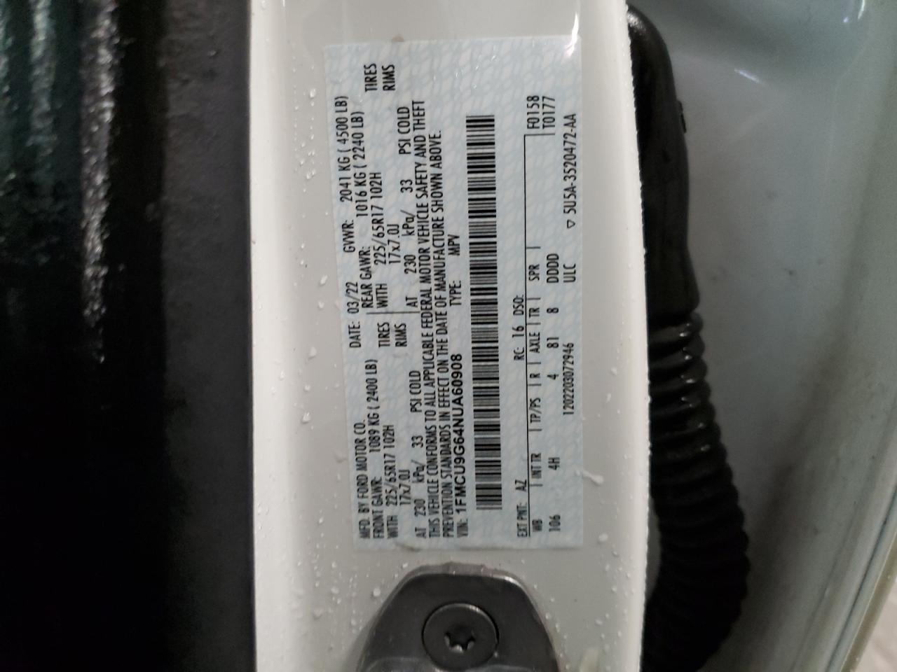 2022 FORD ESCAPE SE VIN:1FMCU9G64NUA60908