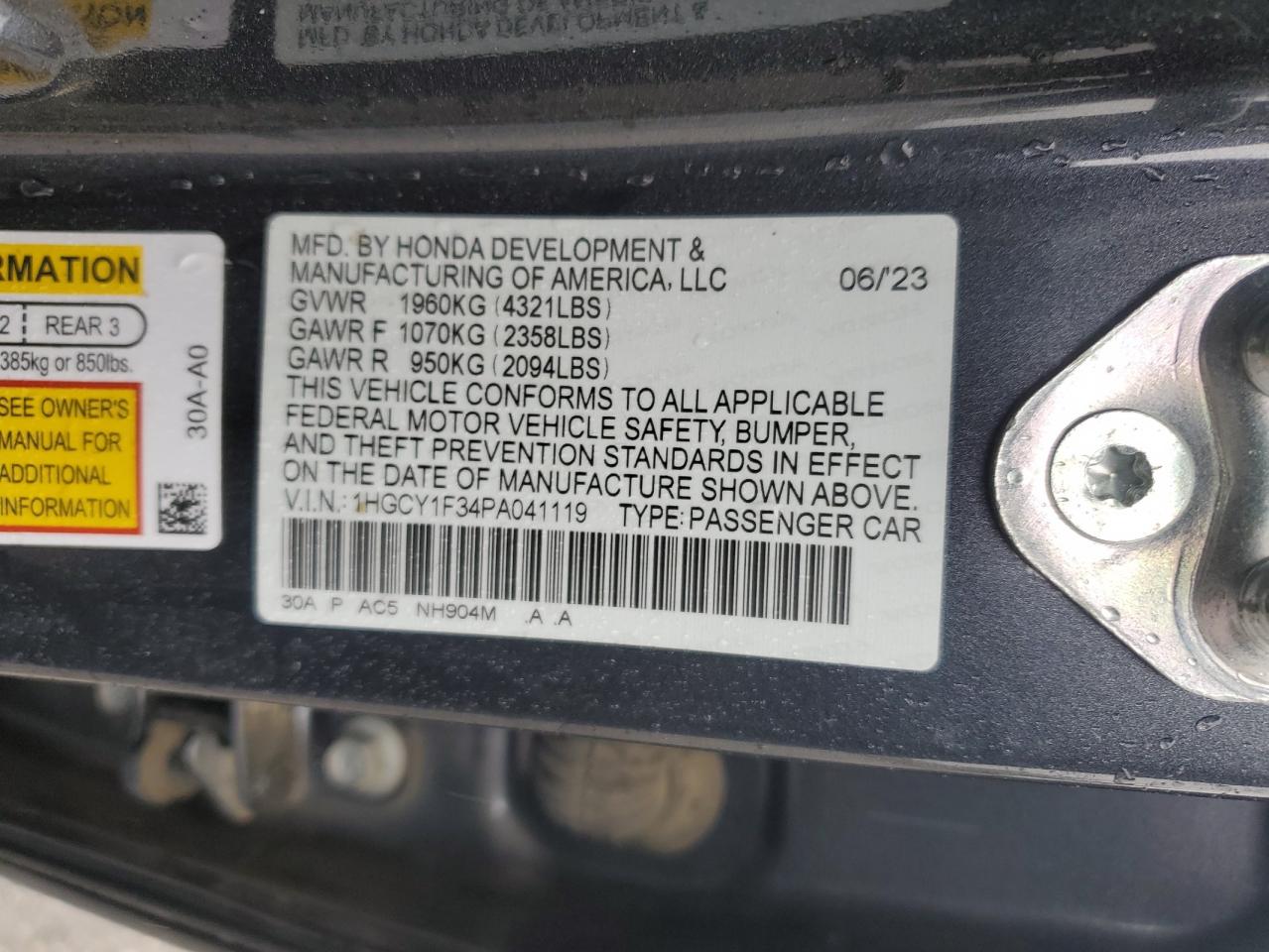 2023 HONDA ACCORD EX VIN:1HGCY1F34PA041119