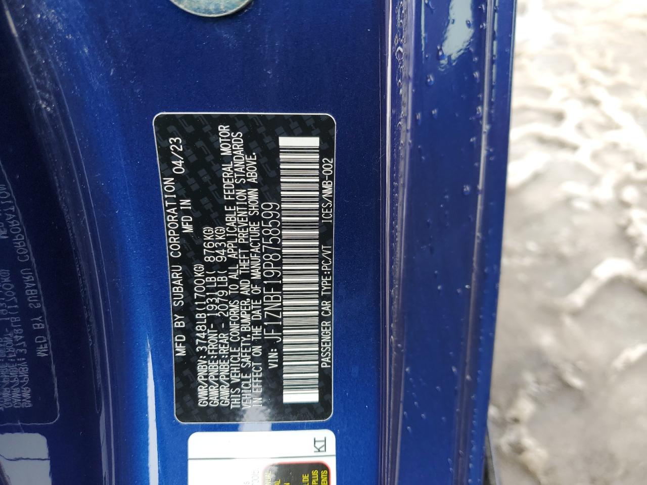 2023 TOYOTA GR 86 PREMIUM VIN:JF1ZNBF19P8758599