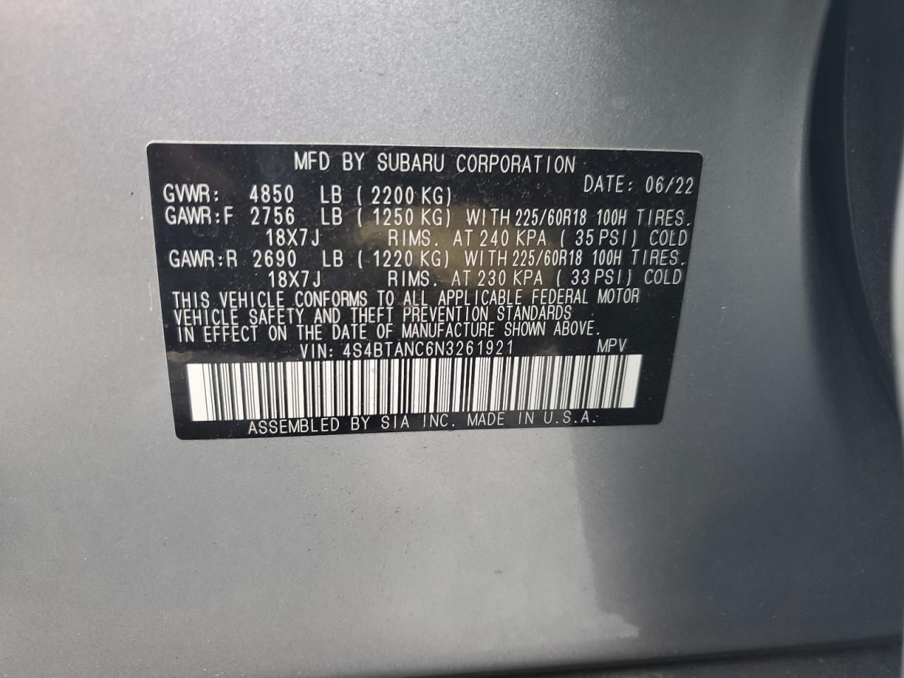 2022 SUBARU OUTBACK LIMITED VIN:4S4BTANC6N3261921