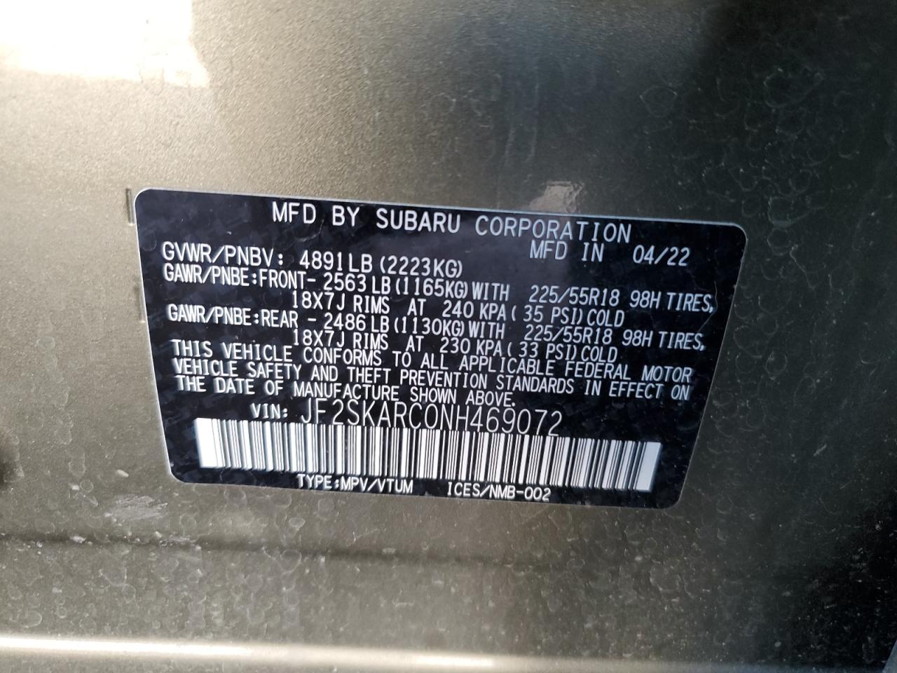 2022 SUBARU FORESTER TOURING VIN:JF2SKARC0NH469072