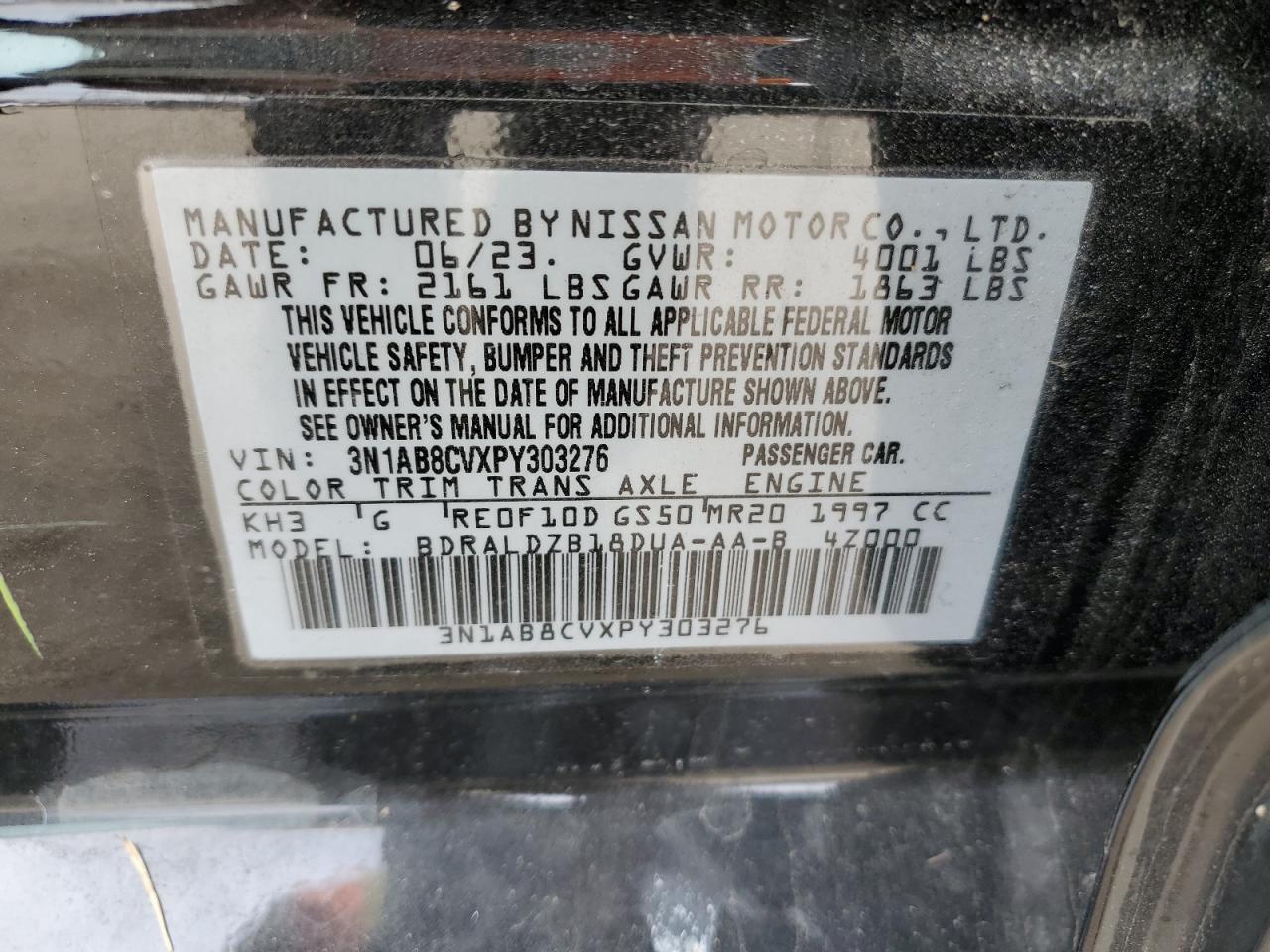 2023 NISSAN SENTRA SV VIN:3N1AB8CVXPY303276
