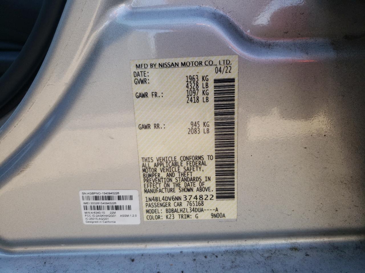 2022 NISSAN ALTIMA SV VIN:1N4BL4DV6NN374822