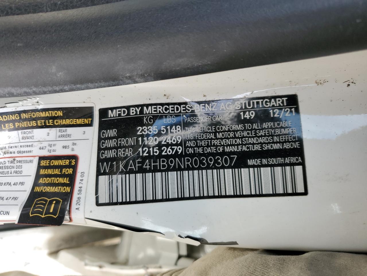 2022 MERCEDES-BENZ C 300 4MATIC VIN:W1KAF4HB9NR039307