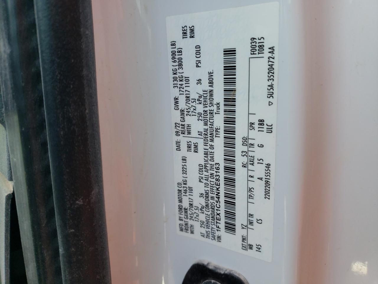 2022 FORD F150 SUPER CAB VIN:1FTEX1C54NKE83163