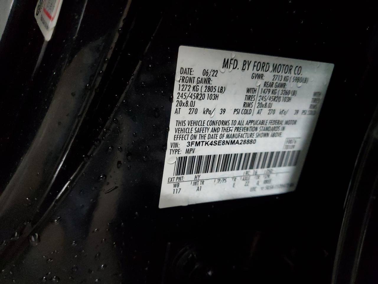 2022 FORD MUSTANG MACH-E GT VIN:3FMTK4SE8NMA28880